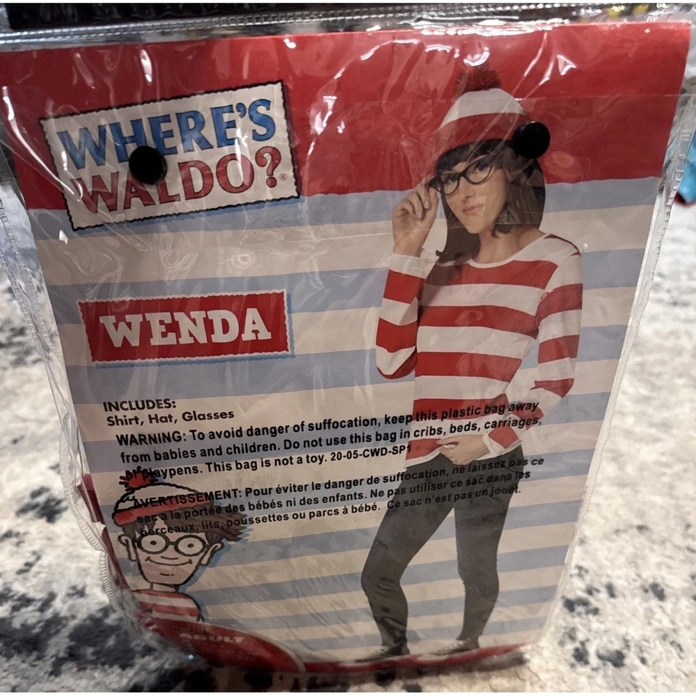 Where's Waldo Wenda Costume Womens Sz XS (0-4)  Halloween Striped Shirt Hat Only